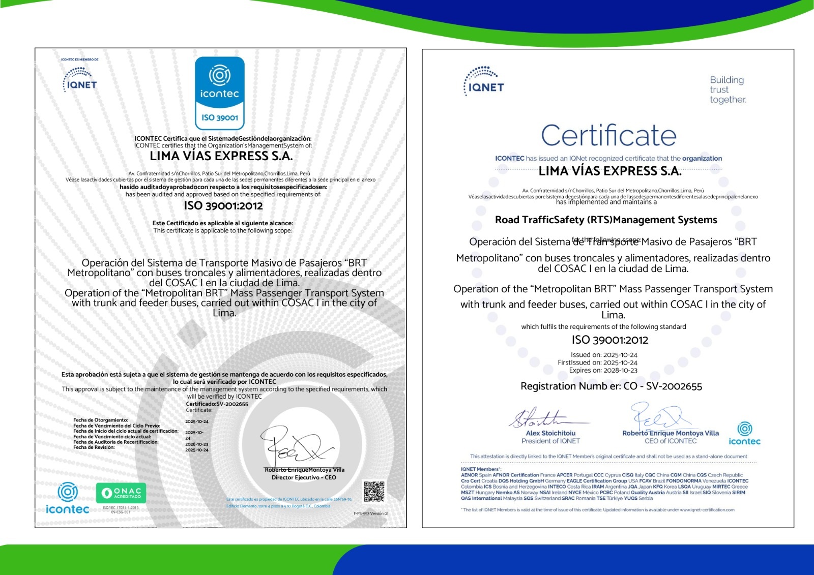 Certificado ISO 39001 de Seguridad Vial otorgado a Lima Vías Express S.A.